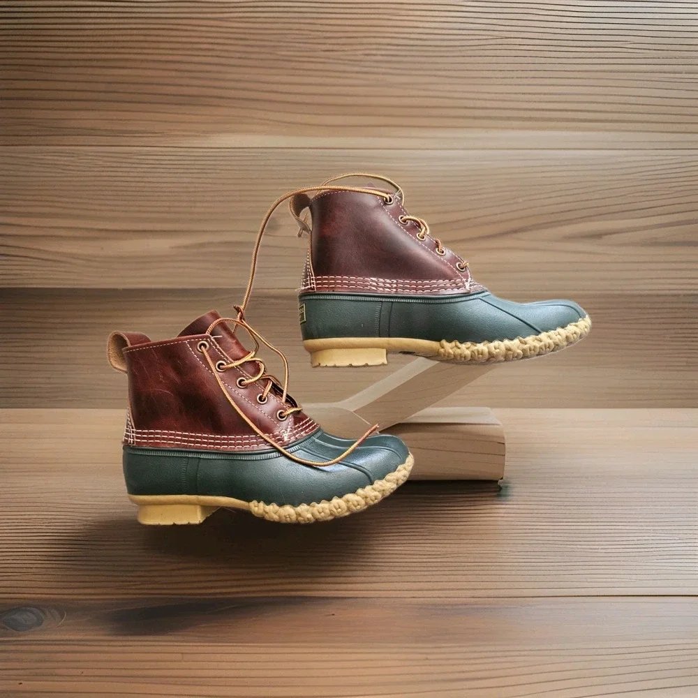 LL Bean Boots 6 IN Duck Boots Womens 7 M Dark Green Brown Leather Waterproof EUC